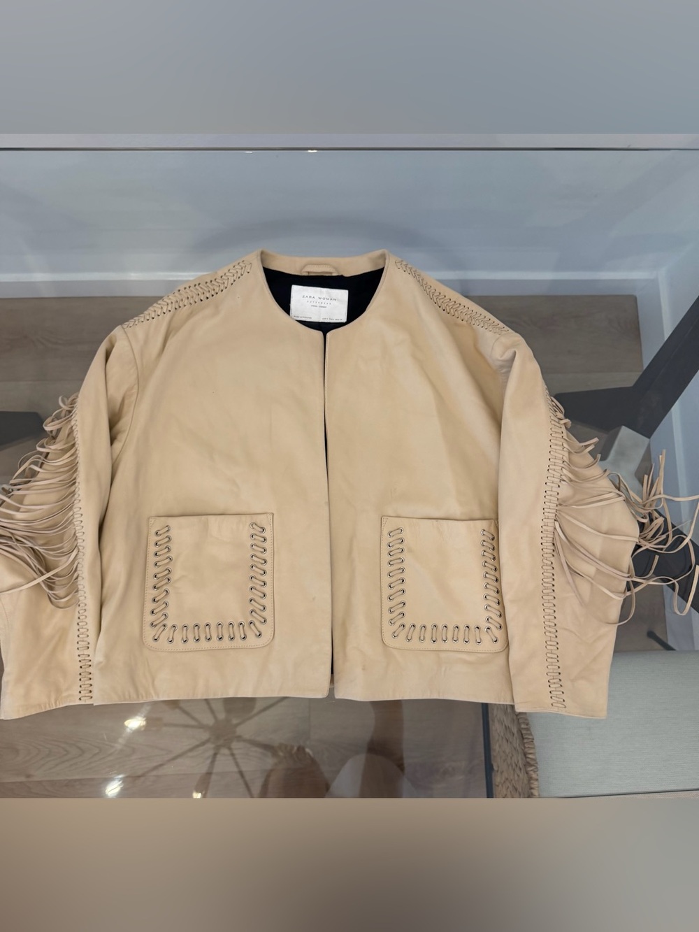 Zara Genuine Leather Fringe Jacket Western Boho Moto Beige Size S
